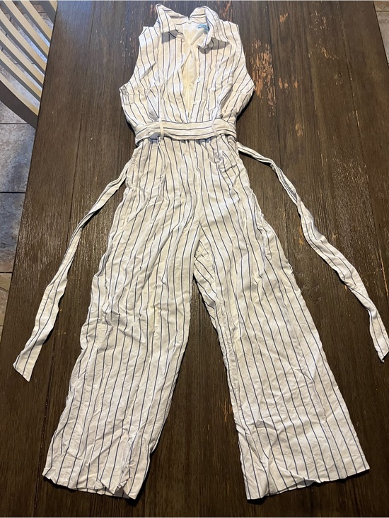 ANTONIO MELANI Pants - ANTONIO MELANI White Sleeveless Striped Jumpsuit with Navy Pinstripes